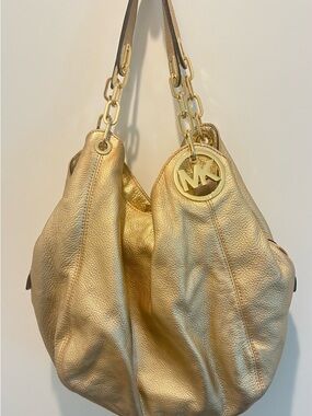 Michael Kors Metallic Gold Pebbled Leather Hobo with Chain-Link Straps